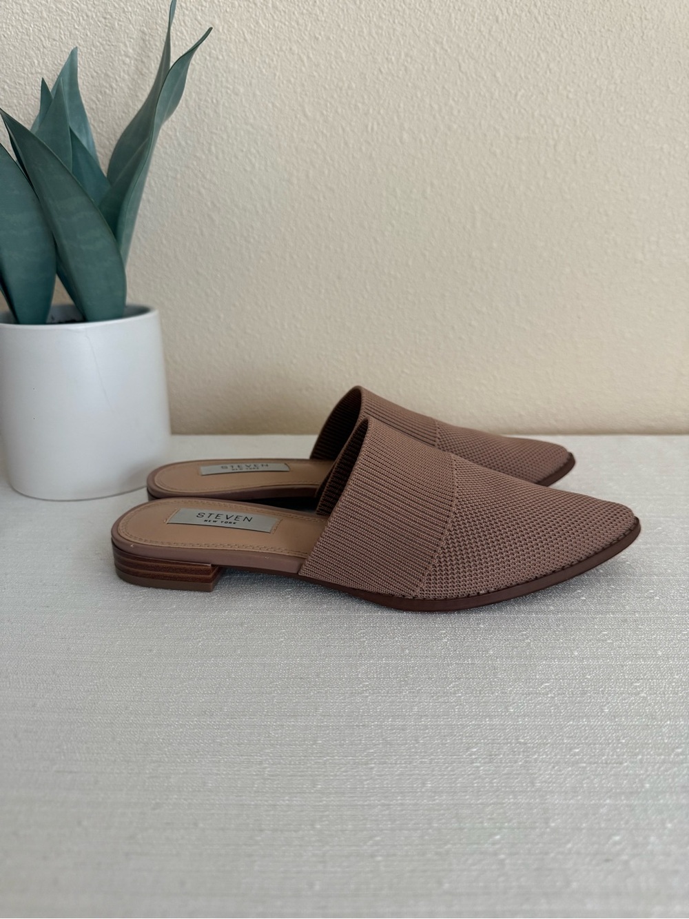 Steven Taupe Knit Pointed Slip-On Mules
